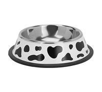 Pet Bowl Stainless Steel Cow Pattern Round Pet Feeder Bowl with Rubber Ring Bottom for Small Cat Dog Durable Shatterproof Anti Slip Design for Dry Wet Food Water (Bottom Diameter 18cm/ 7.1in)