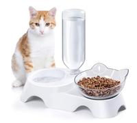 pet bowls, Double Dog Cat Bowls 15°Tilted Water Food Bowl Set with Automatic Waterer Bottle for Small or Medium Size Dogs Cats,White