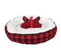 Pet Brands Round Donut Pet Bed, Warm Fleeced Calming Bed with Squeak Toy & Plush Blanket, Tartan Red Check - 56x56x15cm, Red, Black