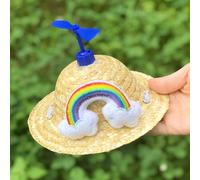Pet Bucket Hat with Handwoven Straw Cap, Blue Rainbow S