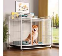 Pet cage,Waterproof Metal Dog Cage, Indoor Teddy Cage, Pet Cage Rabbit Cage Cat Cage Pet House with 2 Door & Plastic Tray & 360° Wheels Suitable for Medium And Large Dogs,White,M