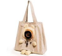 Pet Canvas Shoulder Carrying Bag, Cute Khaki Bear Shaped Cat Carrier, M Size Portable Kitten & Puppy Tote, Comfort Carriers for Small Dogs, Cats, and Pets, Handbag for Outdoor, Shopping, and Camping