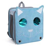 Pet Carrier Backpack with Cute Cat Face Design, Corduroy Travel Bag with Mesh Ventilation Windows, Portable Cat Carrying Backpack with Adjustable Shoulder Straps (Blue)