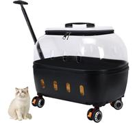 Pet Carrier with Telescopic Handle, Transparent Design and Shock-Absorbing Wheels for Smooth Rolling, Includes Soft Plush Interior Mat for Comfort