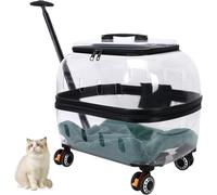 Pet Carrier with Telescopic Handle, Transparent Design and Shock-Absorbing Wheels for Smooth Rolling, Includes Soft Plush Interior Mat for Comfort