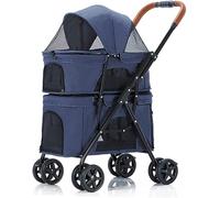 Pet Carrier with Wheels Premium Pet Strollers for Dogs Cats Double Layer Dog Pram Pet Stroller Pushchair Travel Cart Carrier for Twin or Multiple Inseparable (Grey) (Blue)