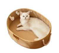 Pet Cat Bed Oval Shape Hand Woven Rattan Cat Beds Kitten Basket Cotton Rope Cat Scratching Baskets(Large)
