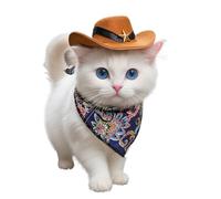 Pet Cat Cowboy Hat and Bandana Set, Adjustable Pet Headwear with Decorative Star, Ideal for Halloween Party Photos (Brown hat + Blue,Large)