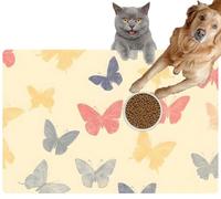 Pet Cat Dog Food Mat for Water Bowl Placemat for Sloppy Drinkers 25 A Whimsical Scattered Butterflies Soft Pastels a Pale Yellow Absorbent Rubber Back Feeding Mat for Floor Indoor 24x36in