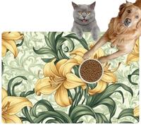 Pet Cat Dog Food Mat for Water Bowl Placemat for Sloppy Drinkers 80 A Vintage Golden Lilies Full Bloom delicately Intertwined Intricate Absorbent Rubber Back Feeding Mat for Floor Indoor 24x36in