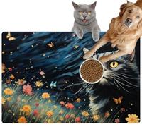Pet Cat Dog Food Mat for Water Bowl Placemat for Sloppy Drinkers A Beautiful Black cat Standing a Flower Field The Moonlight at Night a Absorbent Rubber Back Feeding Mat for Floor Indoor 24x36in