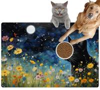 Pet Cat Dog Food Mat for Water Bowl Placemat for Sloppy Drinkers A Beautiful Black cat Standing a Flower Field The Moonlight at Night Absorbent Rubber Back Feeding Mat for Floor Indoor 24x36in