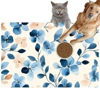 Pet Cat Dog Food Mat for Water Bowl Placemat for Sloppy Drinkers A Beautiful Floral Featuring Blue and Peach Flowers Green Leaves a sof Absorbent Rubber Back Feeding Mat for Floor Indoor 24x36in