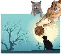 Pet Cat Dog Food Mat for Water Bowl Placemat for Sloppy Drinkers a Black cat Sitting a Hill Front a Tree a Full Moon The Sky Behind it Absorbent Rubber Back Feeding Mat for Floor Indoor 24x36in