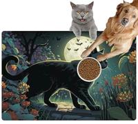 Pet Cat Dog Food Mat for Water Bowl Placemat for Sloppy Drinkers a Black cat Walking Across a Lush Green Field Under a Full Moon Absorbent Rubber Back Feeding Mat for Floor Indoor 24x36in
