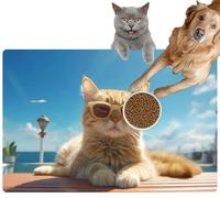 Pet Cat Dog Food Mat for Water Bowl Placemat for Sloppy Drinkers A cat Fashion Sunglasses is Lying The roof Traveling at The Beach Absorbent Rubber Back Feeding Mat for Floor Indoor 20x31in