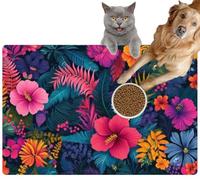 Pet Cat Dog Food Mat for Water Bowl Placemat for Sloppy Drinkers A Colorful Floral a Tropical Vibe The Flowers are Bright and Vibrant Absorbent Rubber Back Feeding Mat for Floor Indoor 24x36in