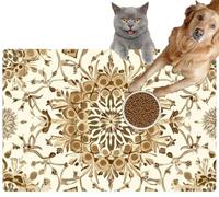 Pet Cat Dog Food Mat for Water Bowl Placemat for Sloppy Drinkers A Intricate Geometric and Floral Designs a Soft Earth Tone Color Palet Absorbent Rubber Back Feeding Mat for Floor Indoor 20x31in