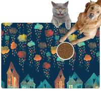 Pet Cat Dog Food Mat for Water Bowl Placemat for Sloppy Drinkers a Town Under The Rainy Clouds Colorful Raindrops Falling The Roofs pa Absorbent Rubber Back Feeding Mat for Floor Indoor 20x31in