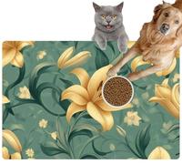 Pet Cat Dog Food Mat for Water Bowl Placemat for Sloppy Drinkers A Vintage Golden Lilies Full Bloom delicately Intertwined Intricate Absorbent Rubber Back Feeding Mat for Floor Indoor 20x31in