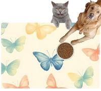 Pet Cat Dog Food Mat for Water Bowl Placemat for Sloppy Drinkers A Whimsical Scattered Butterflies Soft Pastels a Pale Yellow Absorbent Rubber Back Feeding Mat for Floor Indoor 20x31in