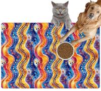 Pet Cat Dog Food Mat for Water Bowl Placemat for Sloppy Drinkers Aboriginal Colorful Waves Watercolor That captures aspects Aboriginal Absorbent Rubber Back Feeding Mat for Floor Indoor 20x31in
