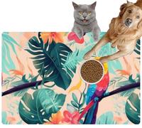 Pet Cat Dog Food Mat for Water Bowl Placemat for Sloppy Drinkers Abstract Art Parrots and Tropical Leaves Modern Exotic Absorbent Rubber Back Feeding Mat for Floor Indoor 20x31in