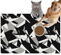 Pet Cat Dog Food Mat for Water Bowl Placemat for Sloppy Drinkers Abstract Black and White Geometric Generative Art Absorbent Rubber Back Feeding Mat for Floor Indoor 20x31in