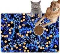 Pet Cat Dog Food Mat for Water Bowl Placemat for Sloppy Drinkers Abstract Decorative Botanical Blue Twigs Yellow and Blue Berries a Absorbent Rubber Back Feeding Mat for Floor Indoor 20x31in