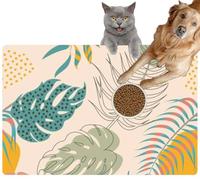 Pet Cat Dog Food Mat for Water Bowl Placemat for Sloppy Drinkers Abstract Floral Leaves Tropical Absorbent Rubber Back Feeding Mat for Floor Indoor 24x36in