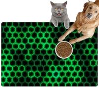 Pet Cat Dog Food Mat for Water Bowl Placemat for Sloppy Drinkers Abstract Hexagon Glow neon Surface Structure Absorbent Rubber Back Feeding Mat for Floor Indoor 24x36in