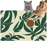 Pet Cat Dog Food Mat for Water Bowl Placemat for Sloppy Drinkers Abstract Leave 2D Tropical Monstera Leaf Botanical Print Wall Arts and Absorbent Rubber Back Feeding Mat for Floor Indoor 24x36in