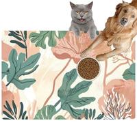Pet Cat Dog Food Mat for Water Bowl Placemat for Sloppy Drinkers Abstract Tropical Leaf Pattern: A Serene Oasis Greens and Peaches Absorbent Rubber Back Feeding Mat for Floor Indoor 20x31in