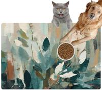 Pet Cat Dog Food Mat for Water Bowl Placemat for Sloppy Drinkers Abstract Watercolor Painting Leaves and Branches Blue Brown and Beige Absorbent Rubber Back Feeding Mat for Floor Indoor 20x31in