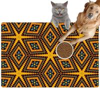 Pet Cat Dog Food Mat for Water Bowl Placemat for Sloppy Drinkers Abstracts Suns Geometric African Colored and Golden Yellow Orange brow Absorbent Rubber Back Feeding Mat for Floor Indoor 20x31in