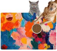 Pet Cat Dog Food Mat for Water Bowl Placemat for Sloppy Drinkers Aesthetic Vibrant Colorful Abstract Flowers and Leaves Naive Hand Draw Absorbent Rubber Back Feeding Mat for Floor Indoor 20x31in