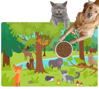 Pet Cat Dog Food Mat for Water Bowl Placemat for Sloppy Drinkers Animals Forest Wild Cute Happy Animals Living and Playing Forest gladeAbsorbent Rubber Back Dish Eating Feeding Mat for Floor Indoor