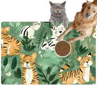 Pet Cat Dog Food Mat for Water Bowl Placemat for Sloppy Drinkers Baby Room Wild Tiger Motif Huge cat Fluffy Green Textured Gender Absorbent Rubber Back Feeding Mat for Floor Indoor 20x31in