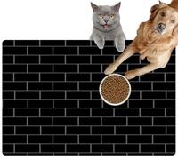 Pet Cat Dog Food Mat for Water Bowl Placemat for Sloppy Drinkers Black Brick Tile Wall Ceramic Subway Absorbent Rubber Back Feeding Mat for Floor Indoor 24x36in