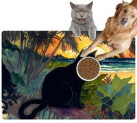 Pet Cat Dog Food Mat for Water Bowl Placemat for Sloppy Drinkers Black cat Art Work generative Absorbent Rubber Back Feeding Mat for Floor Indoor 20x31in