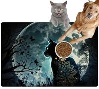 Pet Cat Dog Food Mat for Water Bowl Placemat for Sloppy Drinkers Black cat Full Moon and Surreal Cosmic Sky Generative Absorbent Rubber Back Feeding Mat for Floor Indoor 20x31in