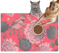 Pet Cat Dog Food Mat for Water Bowl Placemat for Sloppy Drinkers Blooming Flowers Birds and Butterflies Floral Summer Absorbent Rubber Back Feeding Mat for Floor Indoor 24x36in