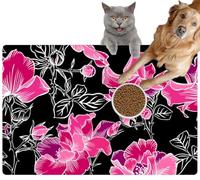 Pet Cat Dog Food Mat for Water Bowl Placemat for Sloppy Drinkers Blossom red Large Roses Petals Buds and Leaves ArtisticAbsorbent Rubber Back Dish Eating Feeding Mat for Floor Indoor