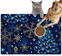 Pet Cat Dog Food Mat for Water Bowl Placemat for Sloppy Drinkers Christmas Tree Festive Garland Blue Lights Snowflakes Absorbent Rubber Back Feeding Mat for Floor Indoor 24x36in