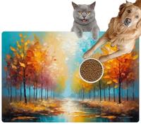 Pet Cat Dog Food Mat for Water Bowl Placemat for Sloppy Drinkers Colorful Abstract Autumn Landscape Forest Wood Trees Painting Vibrant Absorbent Rubber Back Feeding Mat for Floor Indoor 20x31in
