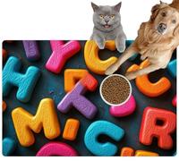 Pet Cat Dog Food Mat for Water Bowl Placemat for Sloppy Drinkers Colorful Alphabet Letters Scattered a Dark Surface Close up View vibra Absorbent Rubber Back Feeding Mat for Floor Indoor 20x31in