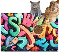 Pet Cat Dog Food Mat for Water Bowl Placemat for Sloppy Drinkers Colorful Three Dimensional Alphabet Letters Creating an Artistic vibra Absorbent Rubber Back Feeding Mat for Floor Indoor 20x31in