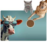 Pet Cat Dog Food Mat for Water Bowl Placemat for Sloppy Drinkers Cow Wearing Sunglasses Front a Blue Surreal Animal Portrait generative Absorbent Rubber Back Feeding Mat for Floor Indoor 20x31in
