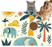 Pet Cat Dog Food Mat for Water Bowl Placemat for Sloppy Drinkers Creative Elephants and Palm Trees Absorbent Rubber Back Feeding Mat for Floor Indoor 20x31in