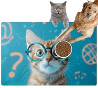Pet Cat Dog Food Mat for Water Bowl Placemat for Sloppy Drinkers Curious and perplexed cat has a lot Questions Confused cat Student Absorbent Rubber Back Feeding Mat for Floor Indoor 24x36in